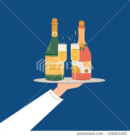 Waiter hold champagne bottles with glasses. Sparkling wine on tray, Happy New year celebrating. Anniversary or birthday party with alcoholic drinks, vector concept 109801685