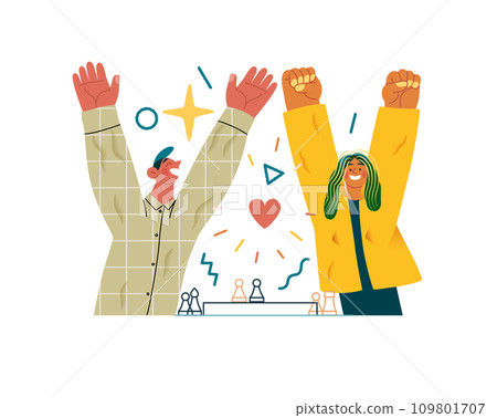 Valentine: Joyful Success - modern flat vector concept illustration of a happy couple celebrating winning at chess with raised arms. Metaphor of love, shared achievement, affection, connection 109801707