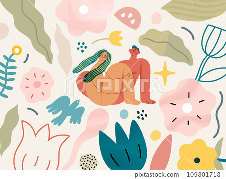 Valentine: Embraced in Harmony - modern flat vector concept illustration of a naked couple intertwined in a serene, floral environment. Metaphor of unity, affection, love, connection, growth 109801718