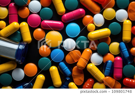 one bottle of medicine with multicolored pills one bottle of medicine with multicolored pills 109801748