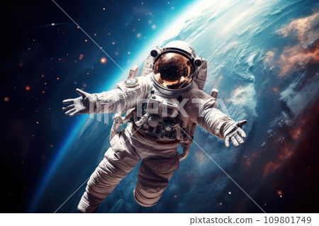 Vibrant astronaut in space, surrounded by cosmic wonders, offering ample copy space for text Vibrant astronaut in space, surrounded by cosmic wonders, offering ample copy space for text 109801749