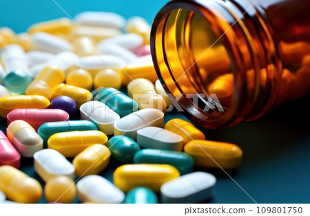 one bottle of medicine with multicolored pills one bottle of medicine with multicolored pills 109801750