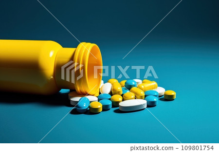one bottle of medicine with multicolored pills 109801754