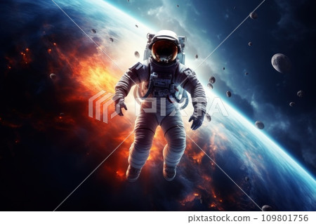 Vibrant astronaut in space, surrounded by cosmic wonders, offering ample copy space for text 109801756