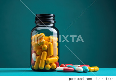 one bottle of medicine with multicolored pills one bottle of medicine with multicolored pills 109801758