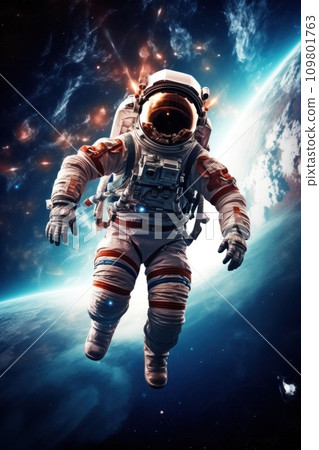 Vibrant astronaut in space, surrounded by cosmic wonders, offering ample copy space for text Vibrant astronaut in space, surrounded by cosmic wonders, offering ample copy space for text 109801763