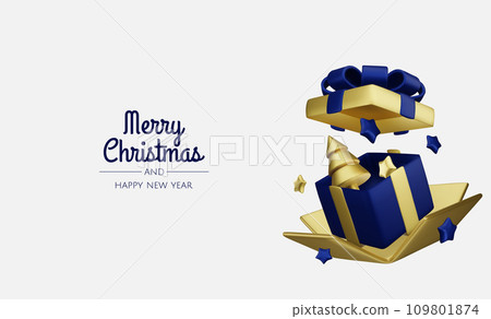 Happy New Year and Merry Christmas. Background with realistic holiday ball and gift. Christmas balls, gold stars, shiny confetti. Happy New Year and Merry Christmas. Background with realistic holiday ball and gift. Christmas balls, gold stars, shiny confetti. 109801874