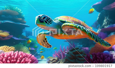 turtle swimming in water with coral turtle swimming in water with coral 109801917
