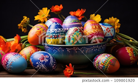 Easter background with lively colors, decorated eggs, and room for festive greetings Easter background with lively colors, decorated eggs, and room for festive greetings 109801920