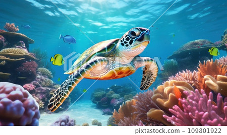 turtle swimming in water with coral turtle swimming in water with coral 109801922