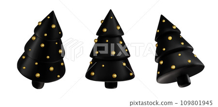 Set 3d violet Christmas tree . Glossy New year and xmas abstract tree shapes. 109801945