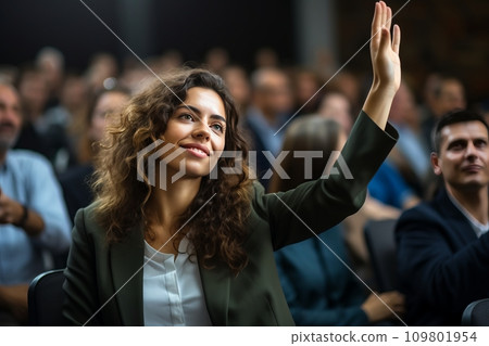 young businesswoman raises hand during audience question day young businesswoman raises hand during audience question day 109801954
