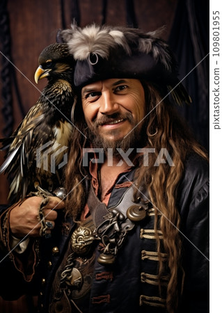 Vivid background with a charismatic pirate, feathered companion Vivid background with a charismatic pirate, feathered companion 109801955