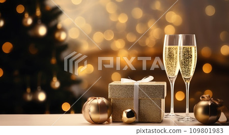 champagne glasses, champagne and gift boxes on a table with christmas tree champagne glasses, champagne and gift boxes on a table with christmas tree 109801983