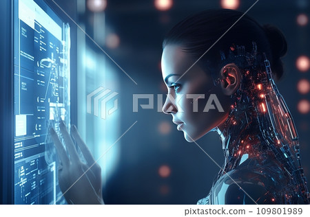 young woman looking at a machine'man young woman looking at a machine'man 109801989