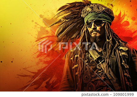 Vivid background with a charismatic pirate, feathered companion 109801999