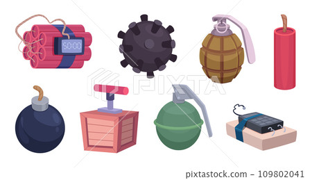 Dynamite. Cartoon bomb and military tools wartime explosive ammunition exact vector illustrations Dynamite. Cartoon bomb and military tools wartime explosive ammunition exact vector illustrations 109802041