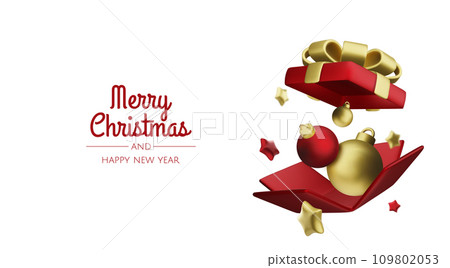 Happy New Year and Merry Christmas. Christmas holiday background with realistic 3d objects,gold and red bauble balls, conical metal stars. Levitation falling design composition. 109802053