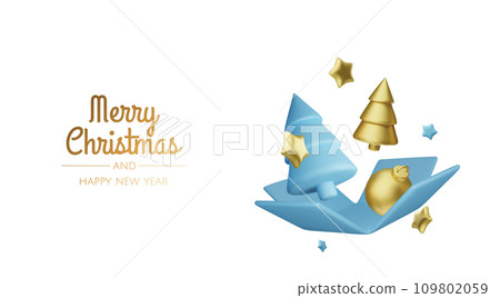 Happy New Year and Merry Christmas. Christmas holiday background with realistic 3d objects,gold and red bauble balls, conical metal stars. Levitation falling design composition. Happy New Year and Merry Christmas. Christmas holiday background with realistic 3d objects,gold and red bauble balls, conical metal stars. Levitation falling design composition. 109802059