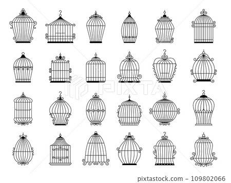 Cage for birds. Vector silhouettes collection of cage for birds canary recent illustrations template 109802066