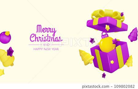 Merry Christmas and Happy New Year Blue Background. Xmas winter holiday composition. Realistic 3d design. Christmas trees and gift boxes, balls, stars. Vector illustration Merry Christmas and Happy New Year Blue Background. Xmas winter holiday composition. Realistic 3d design. Christmas trees and gift boxes, balls, stars. Vector illustration 109802082
