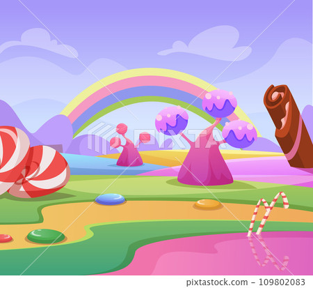 Candy landscape. Fairytale background with candy trees. Vector cartoon template Candy landscape. Fairytale background with candy trees. Vector cartoon template 109802083