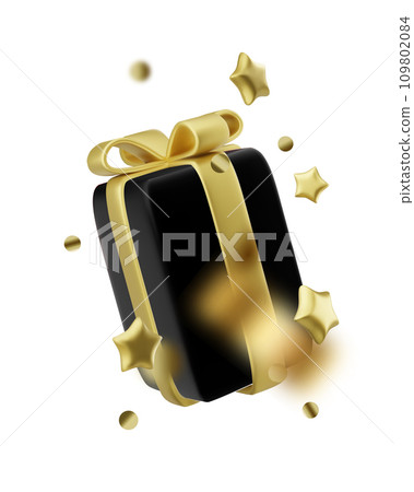 Gift box decorative festive object with golden bows and gold sequins confetti on white background 109802084