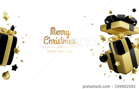 New Year or Christmas sales design template. Vector illustration. Winter background with decorative gift box and gold stars 109802092