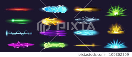 Cartoon gun shooting effects. Plasma explosion and laser rays, bright electric lightning and neon flames. Game shoot effect nowaday vector set 109802309