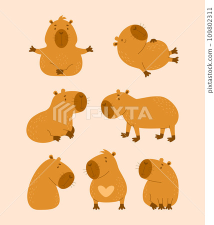 Cute Capybara animal collection. Isolated animal character rodent. Vector illustration in flat style. kids collection. 109802311