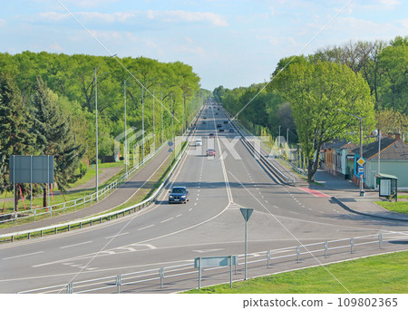 Asphalt road and green roadsides with bushes. Empty highway 109802365