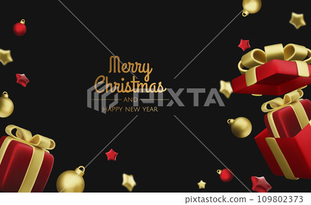 Christmas and New Year design. Realistic gift boxes. Open a gift box full of decorative holiday item. Holiday banner, web poster, flyer, stylish brochure, greeting card, cover. Christmas background 109802373