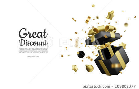 Christmas open gift box template. Christmas design Realistic decorative objects. Selling banners, surprise posters, flyers and brochures. holiday layout. 109802377