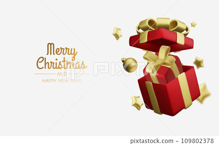 Christmas and New Year design. Realistic gift boxes. Open a gift box full of decorative holiday item. Holiday banner, web poster, flyer, stylish brochure, greeting card, cover. Christmas background 109802378