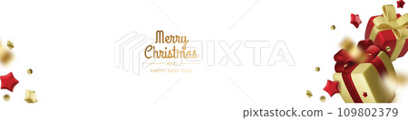 Christmas and New Year background. Xmas background with Christmas tree, gifts, balls, snowflakes. Greeting card, banner, poster 109802379