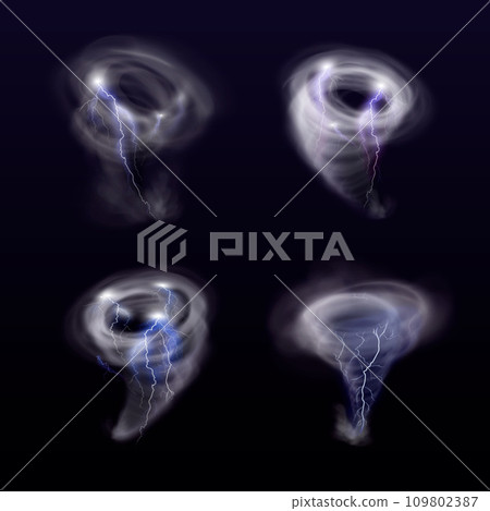 Realistic whirlwind with lightning. Twist hurricane isolated tornado storm in sky, swirl wind or smoke funnel nature cyclone effect, spiral gale vortex, exact vector illustration Realistic whirlwind with lightning. Twist hurricane isolated tornado storm in sky, swirl wind or smoke funnel nature cyclone effect, spiral gale vortex, exact vector illustration 109802387