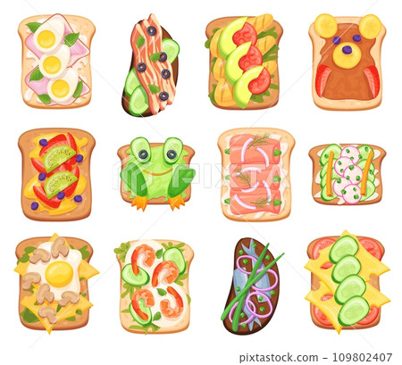 Sandwiches top view. Isolated sandwich different toppings, toast ingredients prosciutto salmon honey egg avocado mushrooms vegetarian toasts breakfast food neat vector illustration 109802407