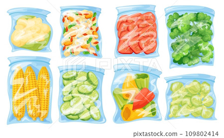 Frozen vegetables. Freezed vegetable food plastic package, fresh nutrition ingredient ice wrapping zip pack, freeze packed nature organic product, cartoon neat vector illustration 109802414