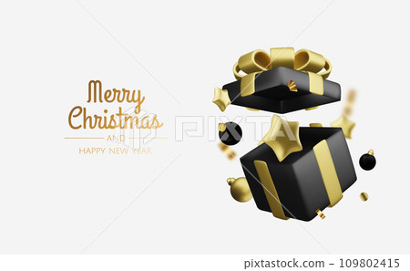Christmas and New Year design. Realistic gift boxes. Open a gift box full of decorative holiday item. Holiday banner, web poster, flyer, stylish brochure, greeting card, cover. Christmas background 109802415