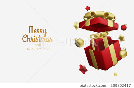 Christmas and New Year background. Xmas background with Christmas tree, gifts, balls, snowflakes. Greeting card, banner, poster 109802417