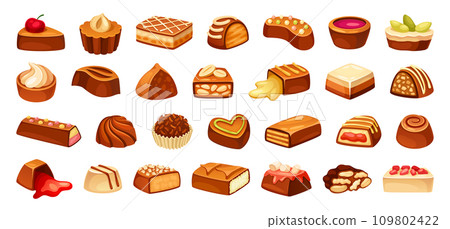Chocolate handmade candies. Cartoon chocolates candy sweets, praline black dessert coconut hazelnut or caramel, fruit sweet food truffle waffles block, neoteric vector illustration 109802422