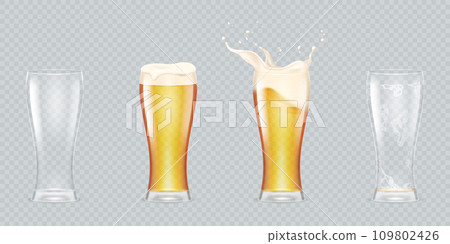 Various pints of beer. Realistic isolated glass of refreshing beers, drink splash for ad, pint biere, transparent mug, foam cup inside swirls, full and empty Various pints of beer. Realistic isolated glass of refreshing beers, drink splash for ad, pint biere, transparent mug, foam cup inside swirls, full and empty 109802426