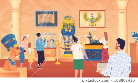People in egyptian museum. Tourists visiting egypt museums with mummies ancient artwork statue pharaoh tomb, guide in cairo old history gallery interior cartoon vector illustration 109802430