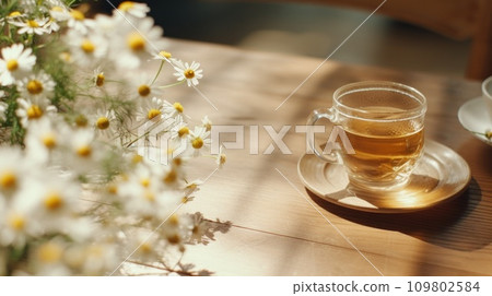 tea with chamomile on a wooden table tea with chamomile on a wooden table 109802584