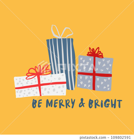 Vector Merry Christmas interior poster with gift boxes and lettering. Hand painted illustration with boxes and text on yellow background. For design and decoration. Vector Merry Christmas interior poster with gift boxes and lettering. Hand painted illustration with boxes and text on yellow background. For design and decoration. 109802591