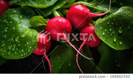 radishes on a black background with water drops radishes on a black background with water drops 109802593