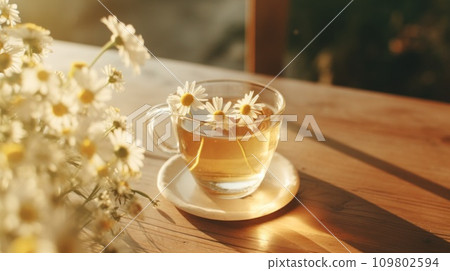 tea with chamomile on a wooden table tea with chamomile on a wooden table 109802594