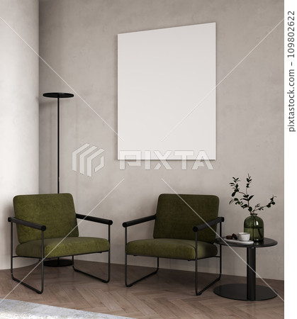 Mockup poster frame in modern interior, light room with green chairs, decoration and plant, 3d render 109802622