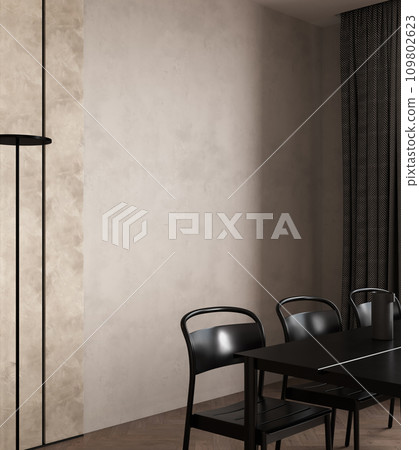 Interior design of modern dining room with black furniture and beige wall, Scandinavian style, 3d visualization 109802623