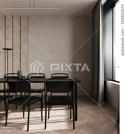 Beige contemporary minimalist interior with black table, chair and blank wall. 3d render illustration mockup 109802624